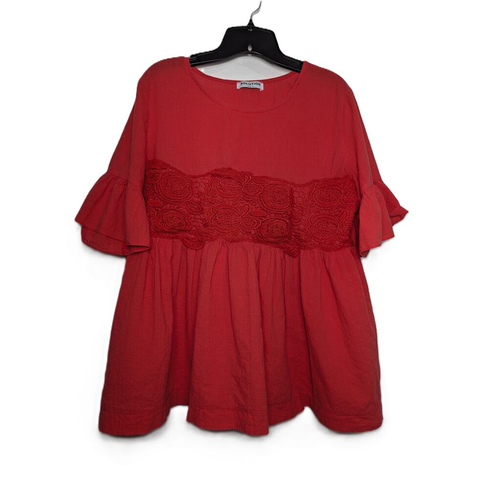 Women's Solution Red Ruffled Baby Doll Blouse With Lace Band Across Chest Sz L